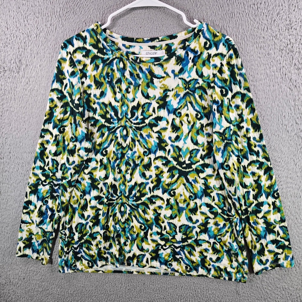 Chico's Damask Print Long Sleeve Top Blue Green‎ Yellow Sz 2 Large Rayon Stretch